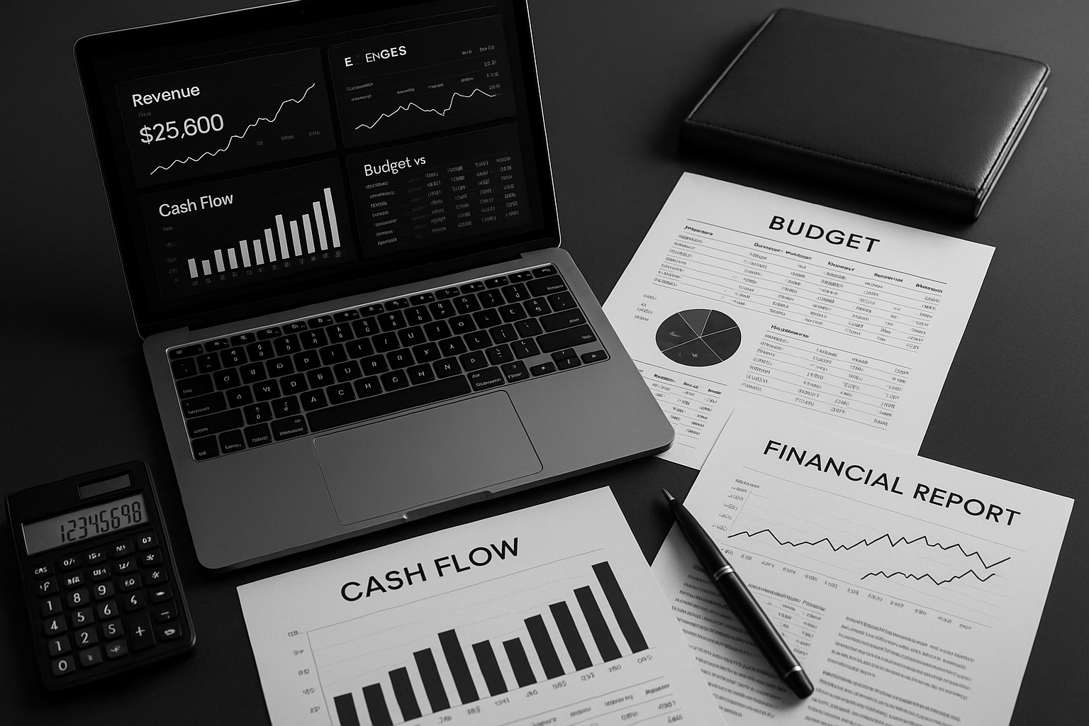 Sophisticated workspace with laptop displaying marketing ROI dashboard and performance metrics for business financial management.