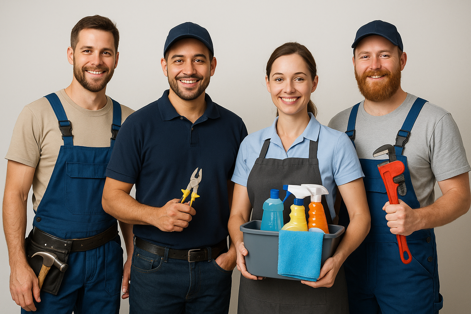 SEO guide for service businesses: a group of diverse home service providers, including a carpenter, electrician, cleaner, and plumber, standing side by side with tools in hand, symbolizing local service industry unity.