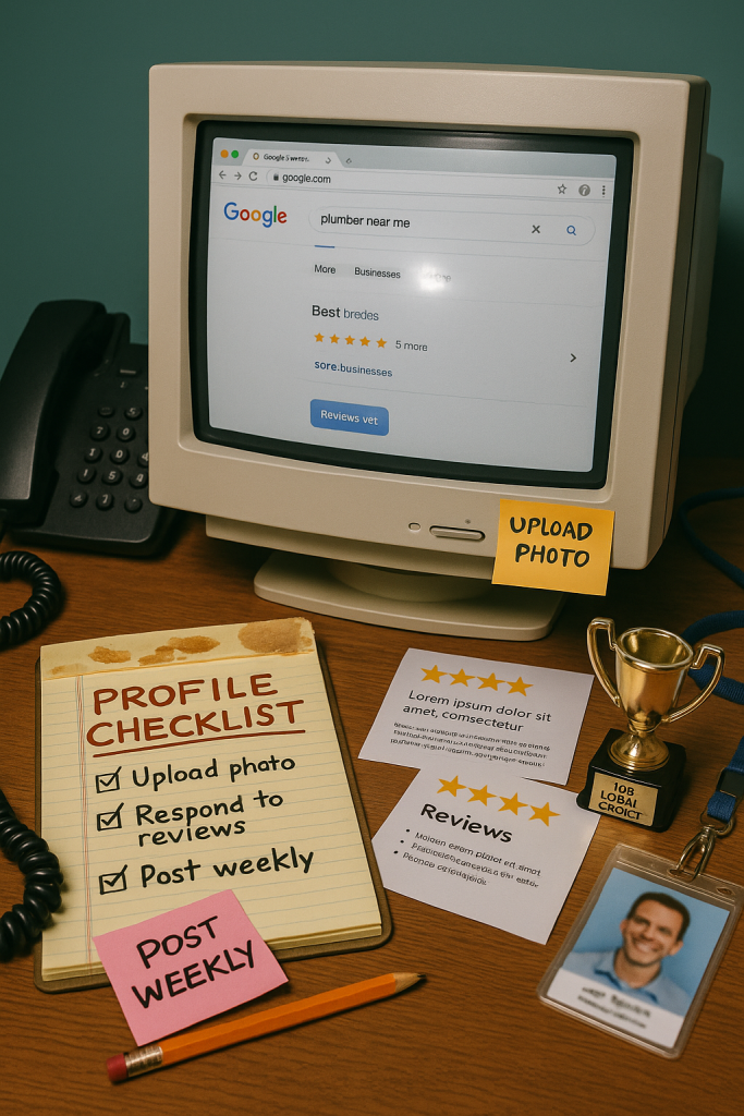 Powerful Google Business Profile Optimization Tips: Dominate Local Search 1 Google Business Profile optimization tips — cluttered desk with CRT monitor showing local search, profile checklist, reviews, and “Top Local Choice” trophy