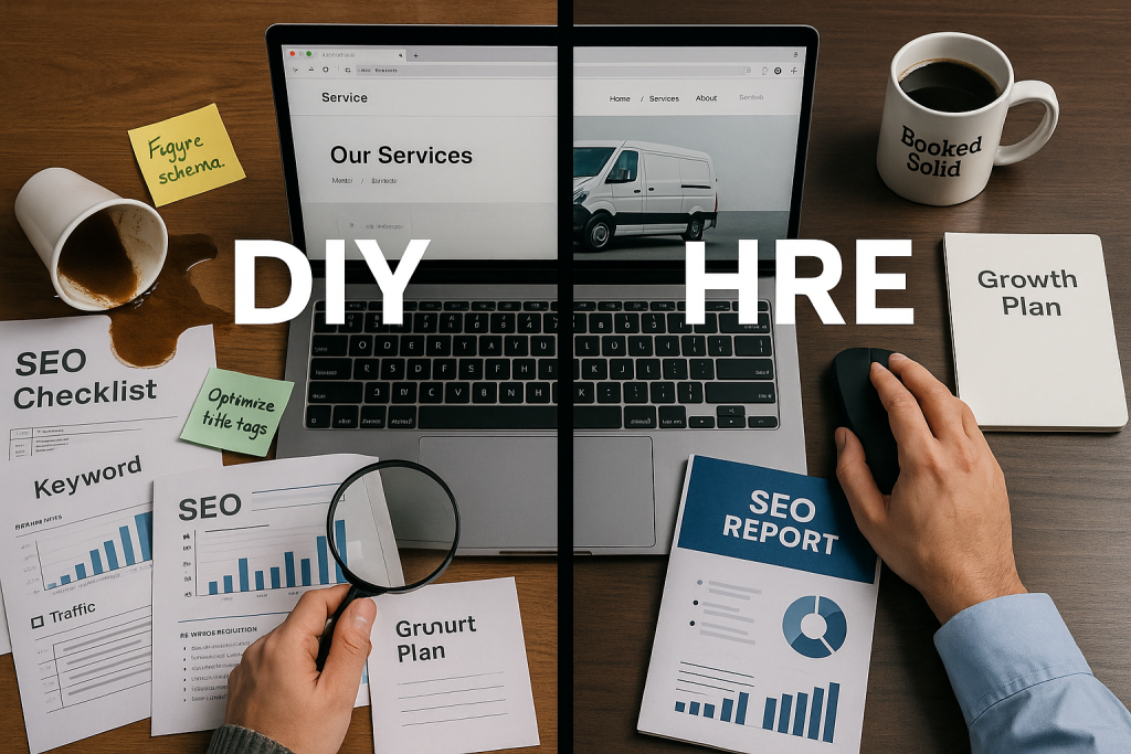 SEO for Service Pros DIY vs Hire: Ultimate Decision Framework 1 SEO for service pros DIY vs hire — split-view desk comparing messy self-managed SEO and clean professional strategy