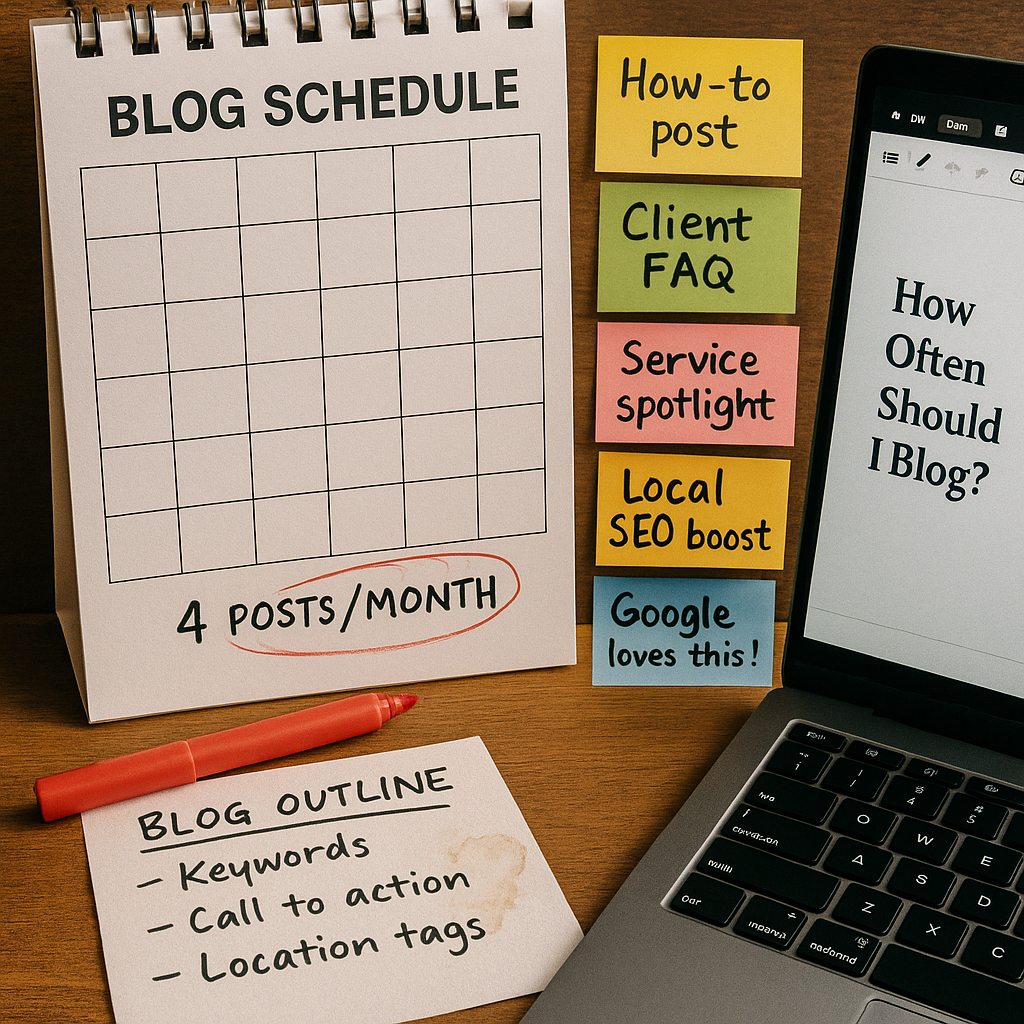 Ultimate Blogging for SEO Service Business: What to Write & How Often 1 Blogging for SEO service business — blog schedule calendar, sticky notes with post ideas, WordPress draft open