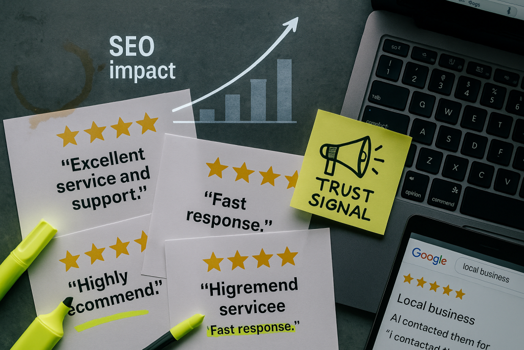 Reviews SEO Impact: Transform Testimonials into Powerful Rankings 2 Reviews SEO impact — printed 5-star testimonials, sticky note labeled "Trust Signal," upward SEO graph, and Google search result on laptop