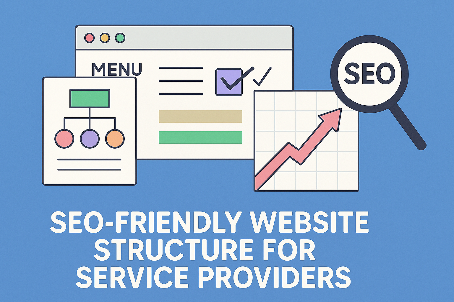 SEO-friendly website structure for service providers — flowchart, browser window, and SEO graph on blue background