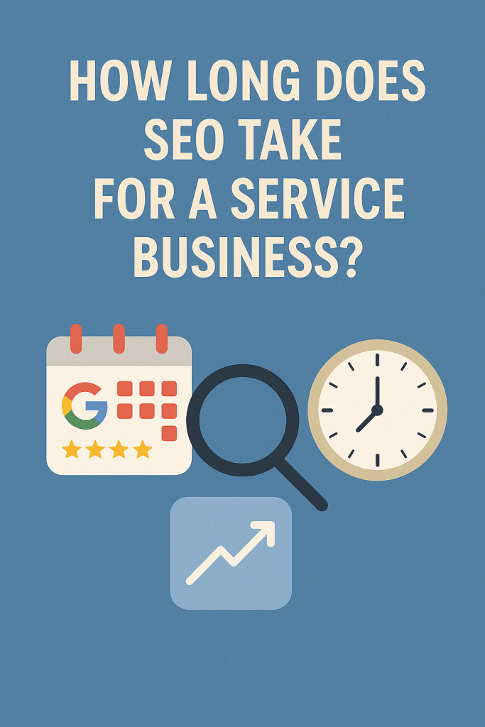 How Long Does SEO Take? 1 How long does SEO take for a service business — calendar, magnifying glass, clock, and upward graph on blue background