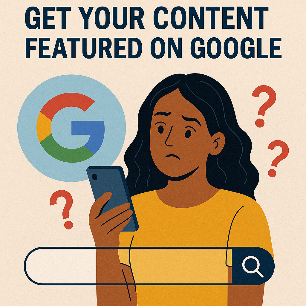 Get your Instagram content featured on Google - illustrated guide showing woman with smartphone and Google logo representing social media optimization strategies for search visibility