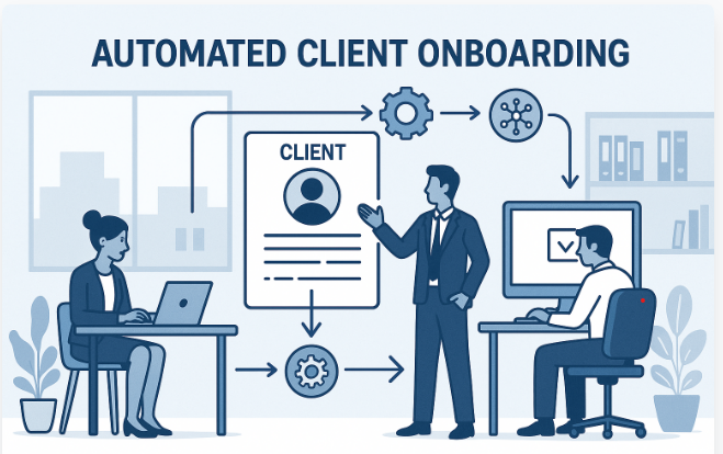 Business illustration of automated client onboarding process with digital tools, client profile, and workflow automation icons