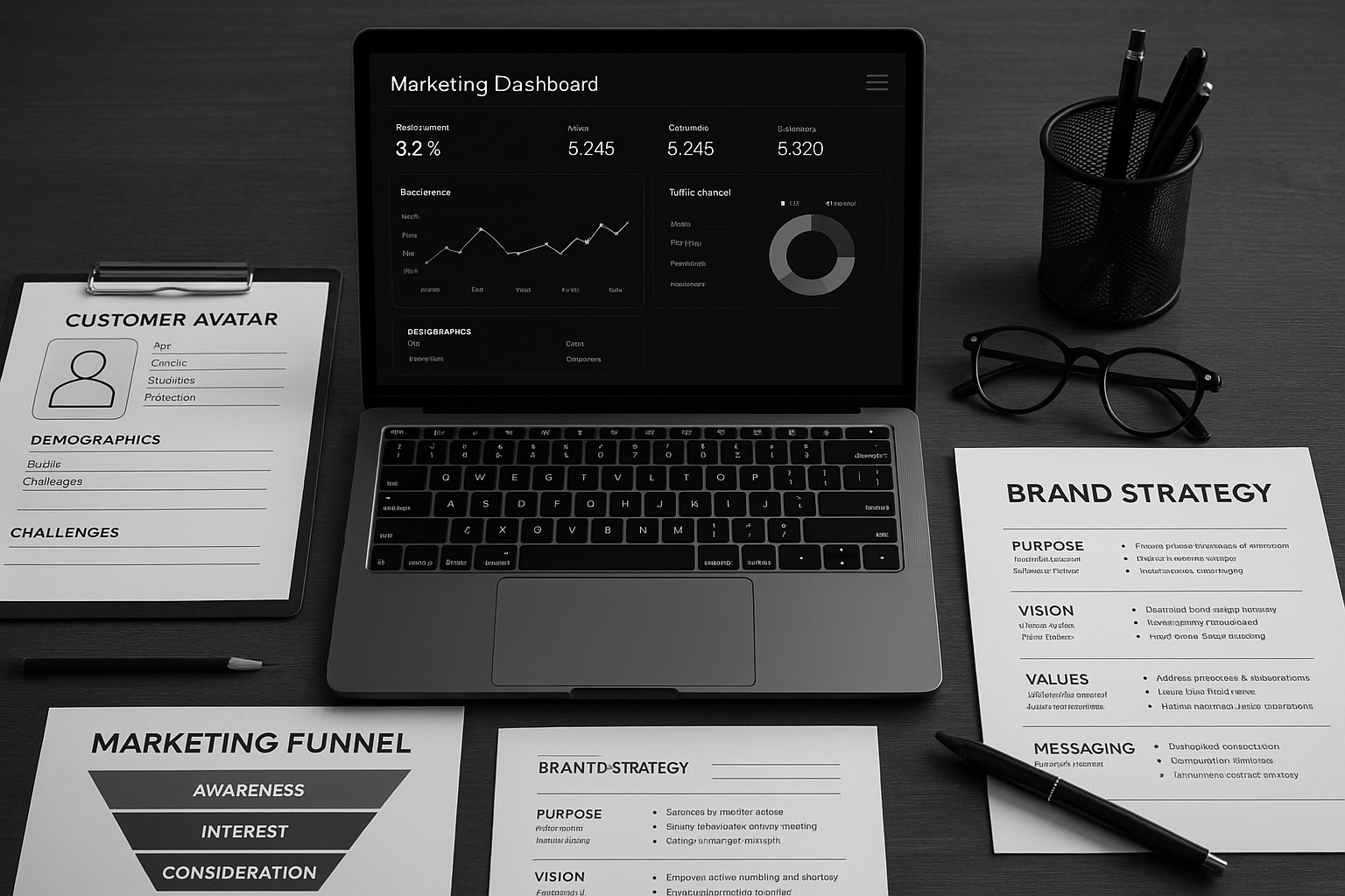 Sophisticated marketing workspace with customer targeting strategies, ideal client profiles, and strategic business planning tools.